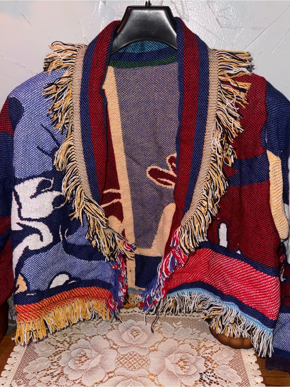 Disney Mickey Mouse Donald Duck Woven Tapestry Fringe Cropped Jacket Cardigan